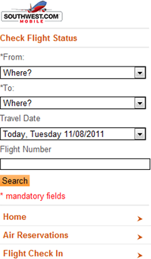Checking flight status on Southwest’s mobile site